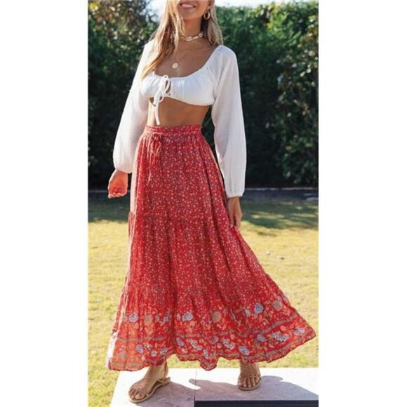 Womens 2024 Bohemian Floral Printed Elastic Waist A Line Maxi Skirt with Pockets - Picture 2 of 7